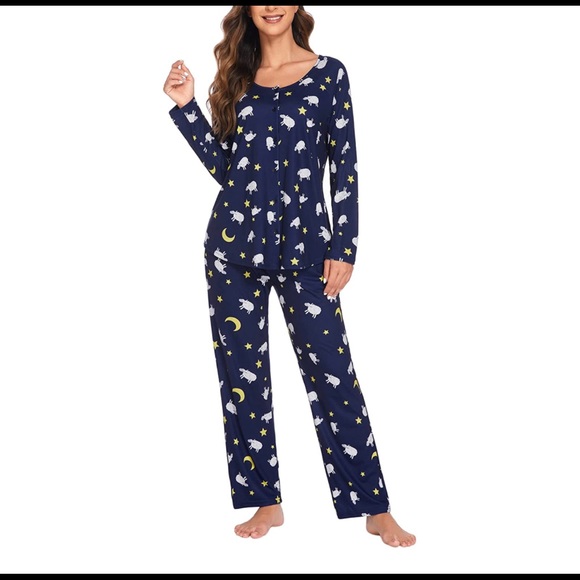 Navy moon & sheep pajama lounge set button top pull on bottom pajamas pj set - Picture 1 of 6